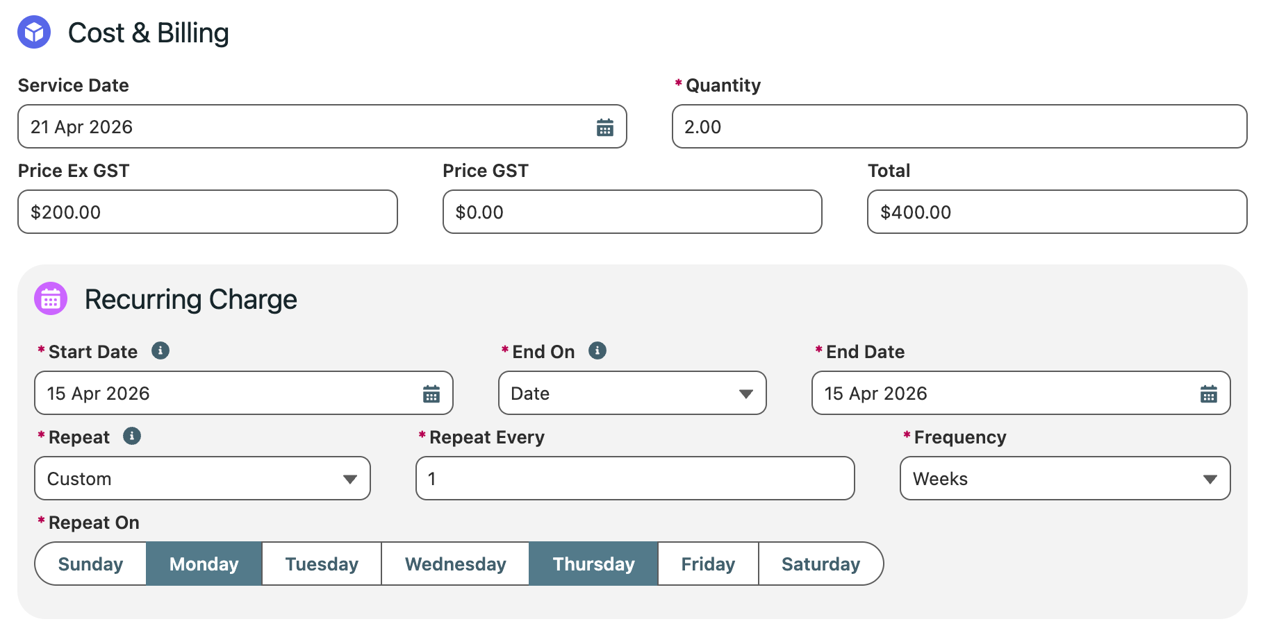 Purchase Order Recurring Billing